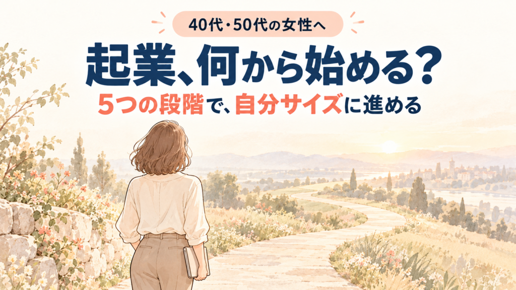 40代・50代の女性へ 起業、何から始める? 5つの段階で、自分サイズに進める(道を歩き出す女性のイラスト)