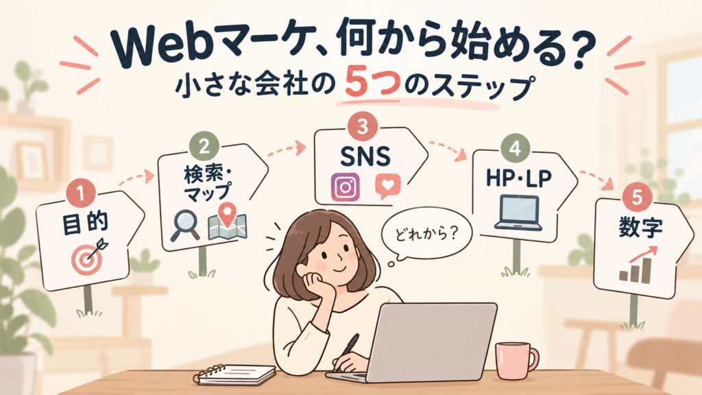 小さな会社のWebマーケガイド。Webマーケ、何から始める？ 5つのステップで記事を整理しています。