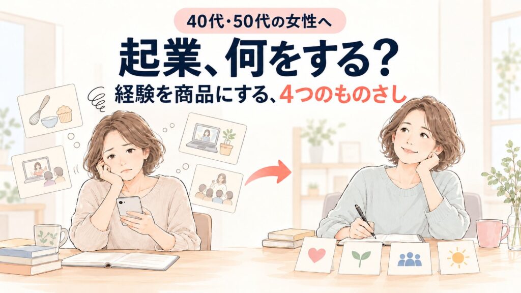 40代・50代の女性へ 起業、何をする? 経験を商品にする、4つのものさし(スマホを見て迷う女性が、ノートに1行書いて笑顔になるイラスト)