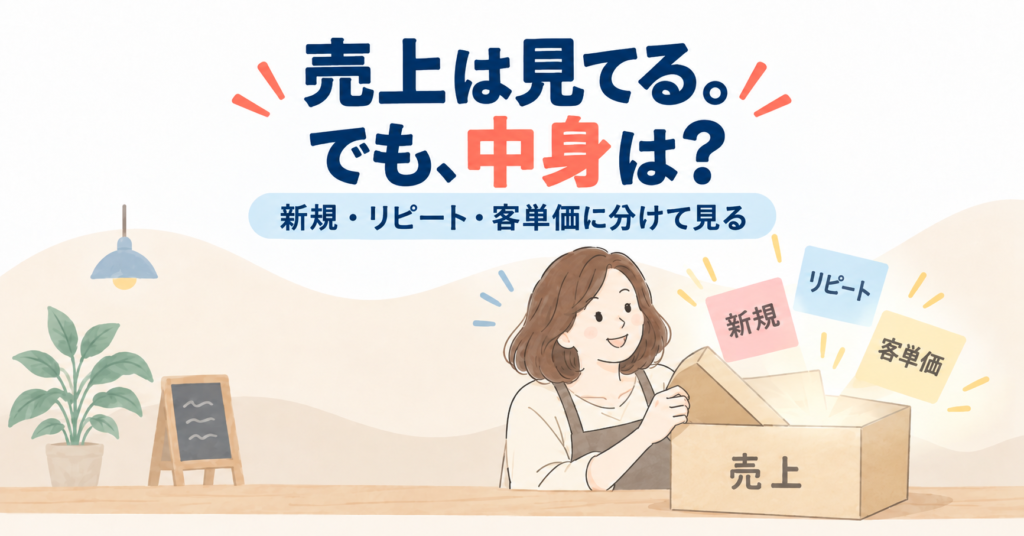 売上は見てる。でも、中身は? 新規・リピート・客単価に分けて見る(「売上」の箱を開けると、新規・リピート・客単価の3枚のカードが出てくるイラスト)